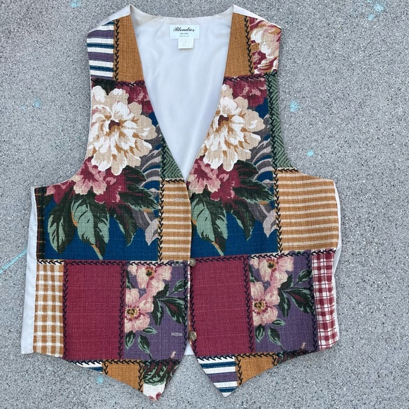 Vintage faux Patchwork Multi Print Vest one size fits most preloved made in USA - Picture 1 of 6